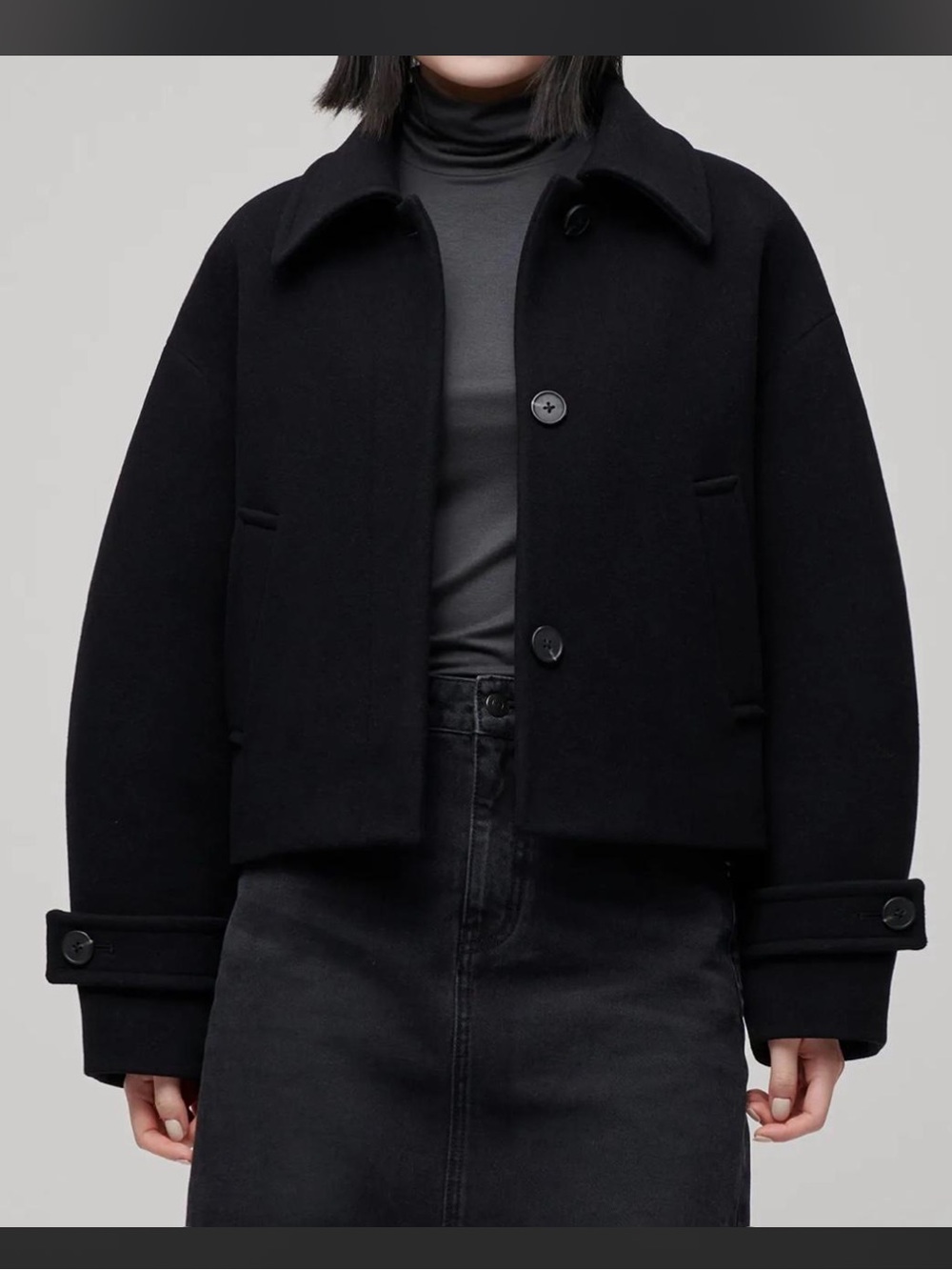 Classic Black Wool-Blend Boxy Coat